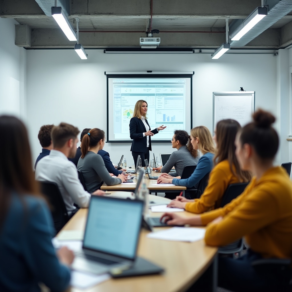 Teilnehmer in einem Buchhaltungskurs lernen praktische Kontierung am Computer