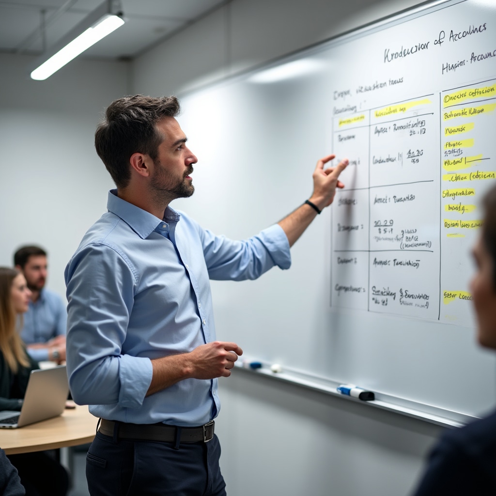 Dozent erklärt Buchhaltungskonzepte an einem Whiteboard mit Kontenplan