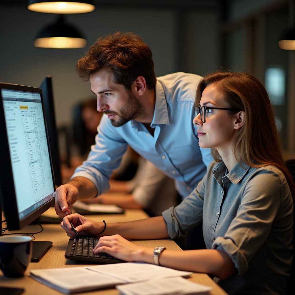 Dozent hilft einer Teilnehmerin bei einer Buchhaltungsfrage am Computer