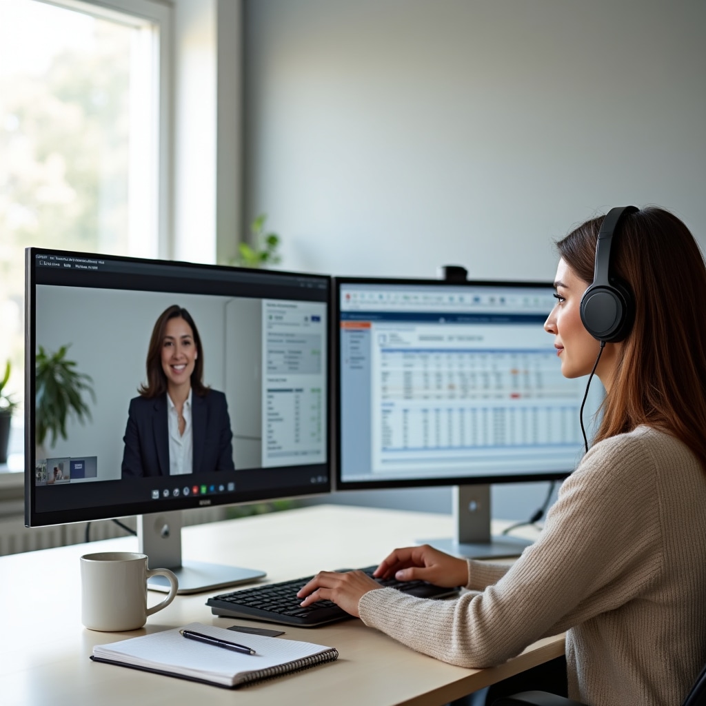 Teilnehmerin folgt einem Live-Online-Kurs auf ihrem Laptop in einem modernen Homeoffice